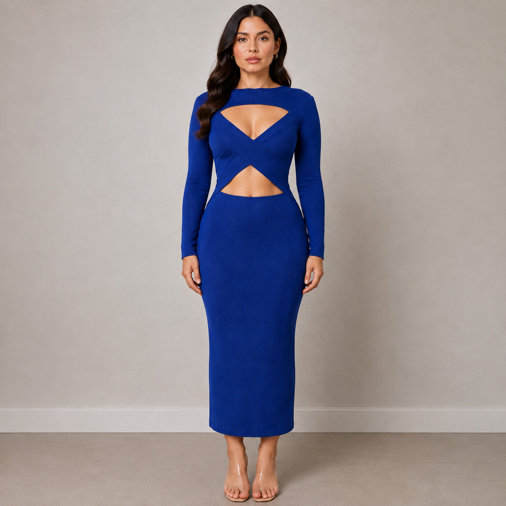 Say What? Blue Ribbed Knit Cutout Bodycon Midi Dress Long Sleeve Women XL